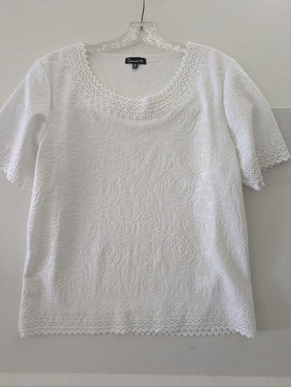 Womens White Top XL Shirt Swirl/Rose Design Chances R.
